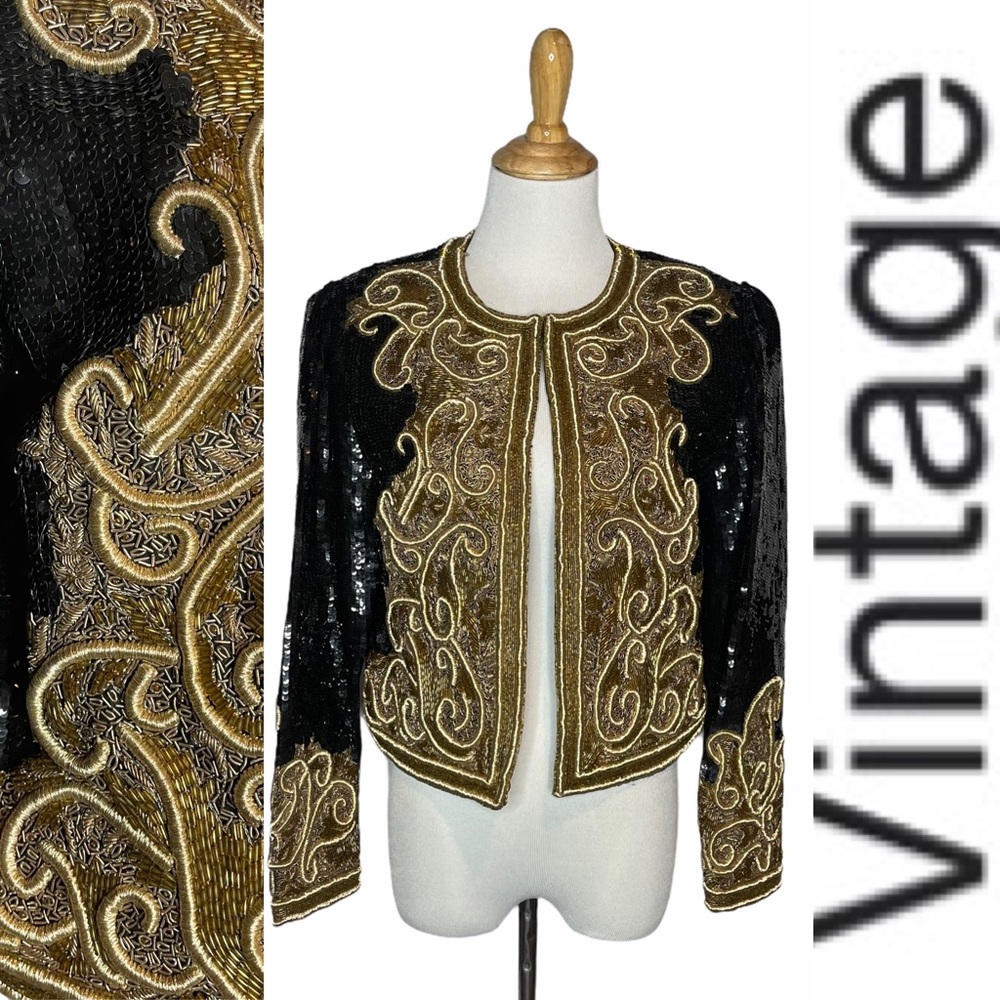 Vintage Black/Gold Sequin + Beaded Evening Jacket